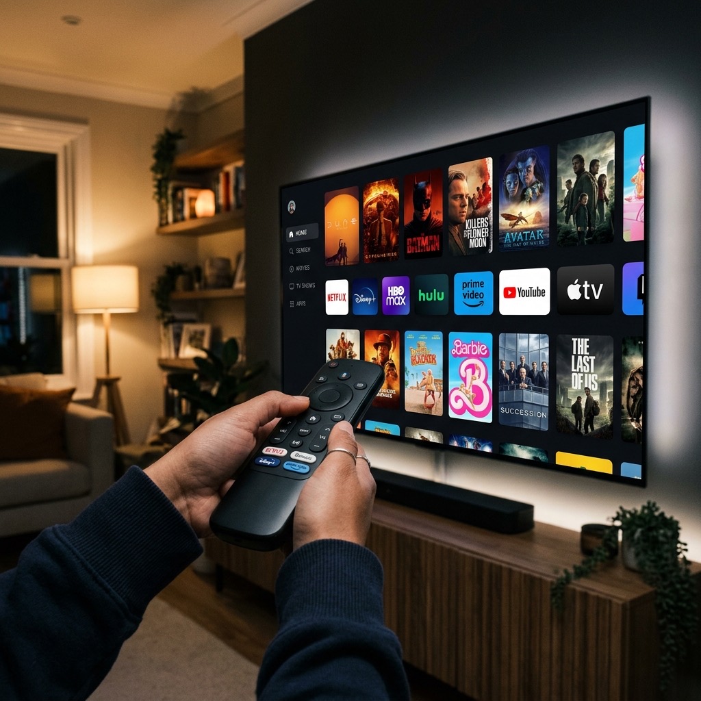 Hand holding remote pointing at Smart TV apps for IPTV streaming