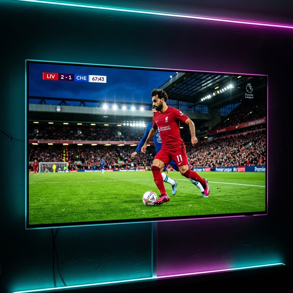 Close-up of a 4K TV displaying a football match from our IPTV provider service